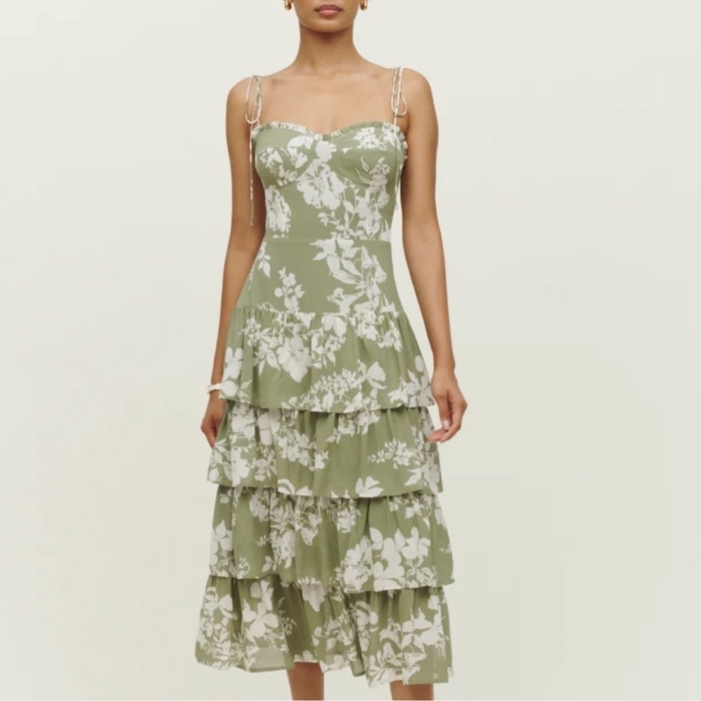 Reformation Kesia Dress Willow Green White Ruffle Spring Tie Straps Dress 12